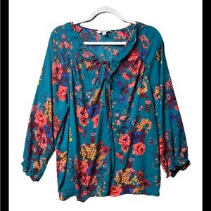 The Pioneer Woman Teal Floral Peasant Blouse with Red & Yellow Blooms